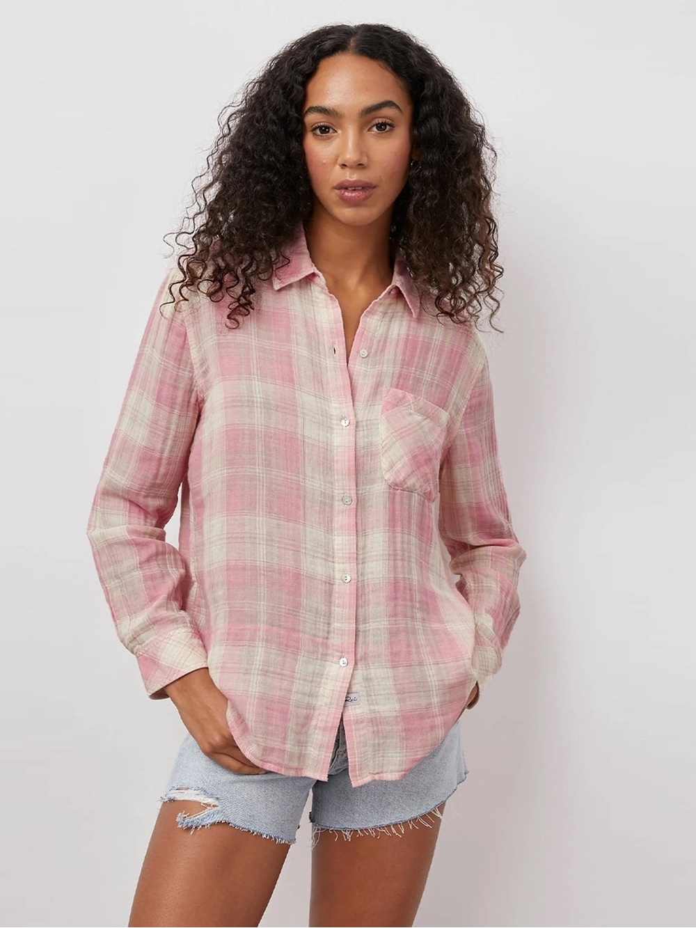 Rails Ellis Rose Sand Ivory Plaid Organic Cotton Gauze Shirt Size M